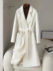 Ingvn - White double-sided cashmere coat women's mid-length over-the-knee autumn new high-end slim Australian wool woolen coat