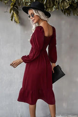 Ingvn - Square Neck Ruffle Hem Long Bubble Sleeve Midi Dress
