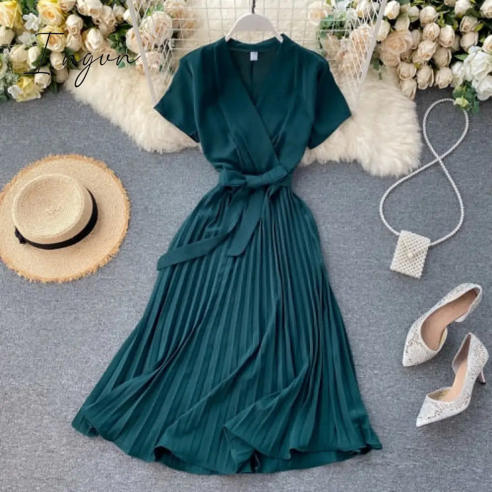 Ingvn - Elegant Midi retro Dress Women's New Solid Color V-neck Lace-up Waist Slimming over-the-Knee Pleated Dress Office Lady