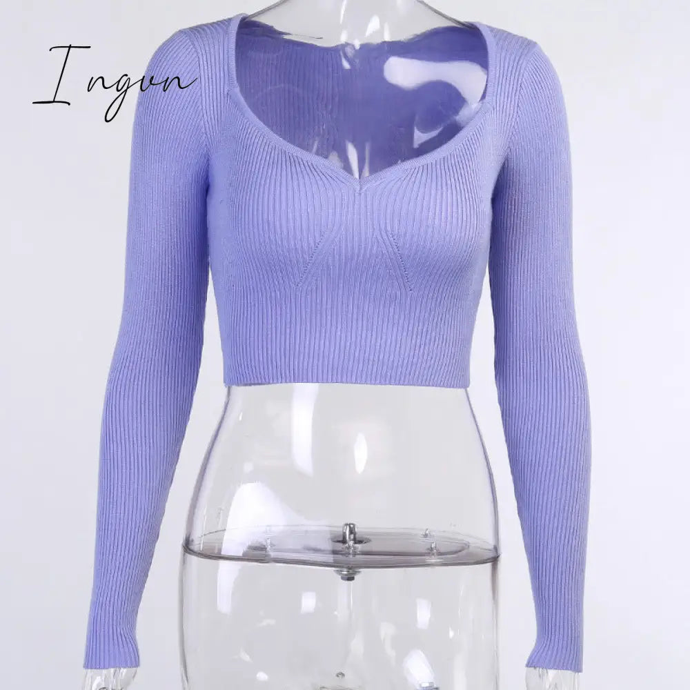 Ingvn - Fashion Trends European and American Fashion Autumn New Women's Solid Color Long-sleeved Slim Top Feminine Peach Heart V-neck Woolen Sweater