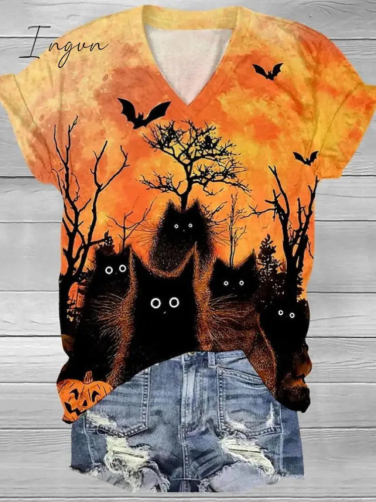 Ingvn - Women's T shirt Tee Halloween Shirt Black Yellow Pink Graphic Floral Print Short Sleeve Halloween Weekend Basic V Neck Regular Fit Floral Painting