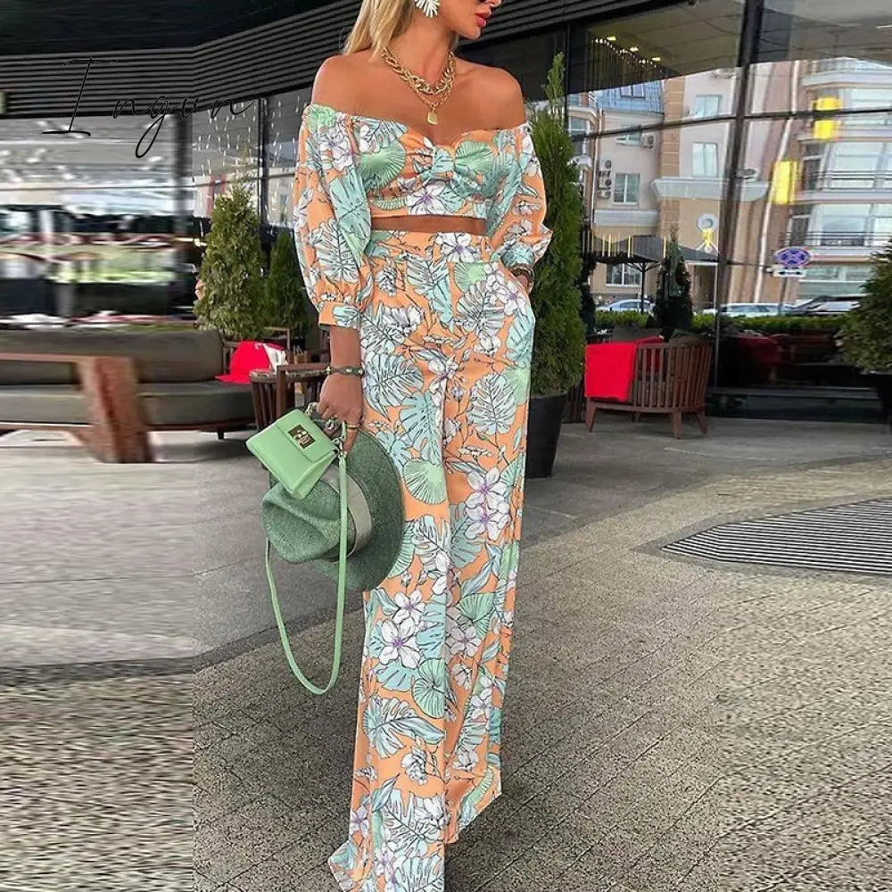Ingvn - Women Fashion Two Piece Sets Print  Suits Summer Beach Streetwear Autumn 2 Piece SetsTops +Elegant Long Pants