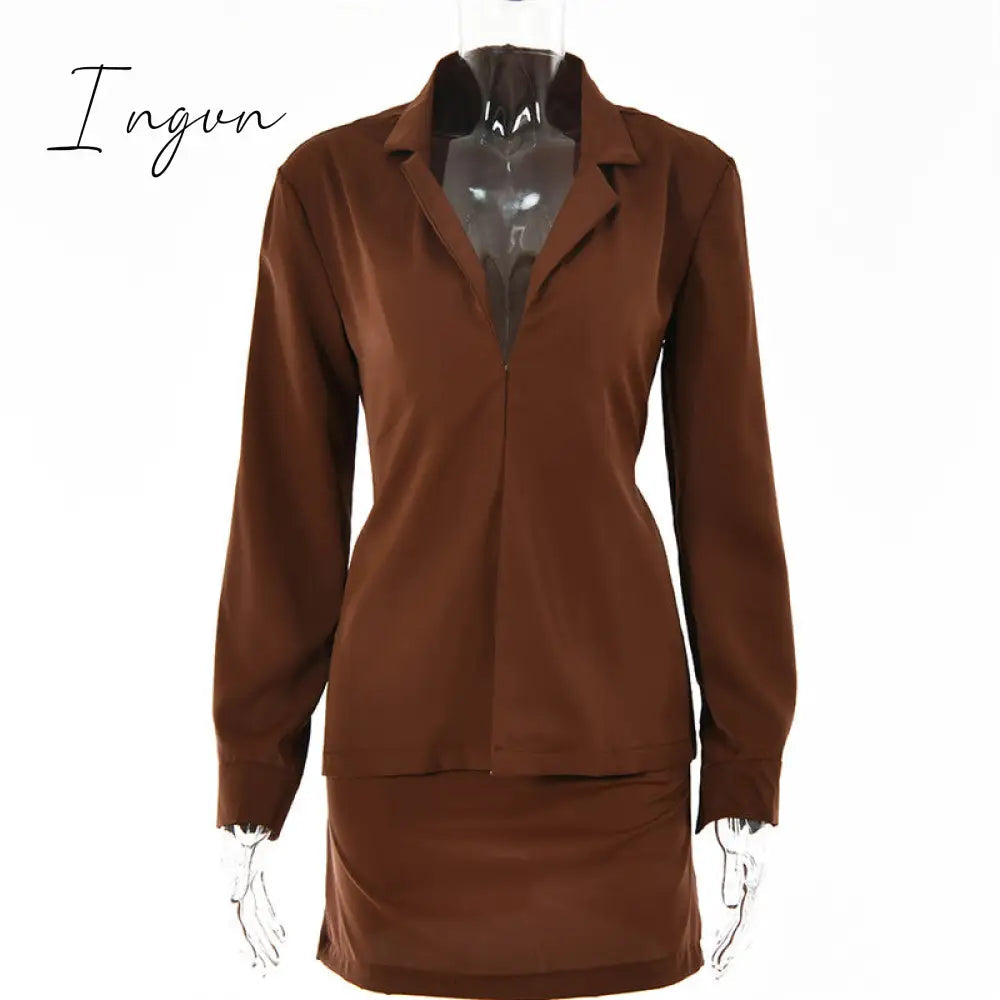 Ingvn - Turn-down Collar Button Women Two Piece Set Brown Long Sleeve Top High Waist Skirt Women Autumn Sexy Slim Office Outfits