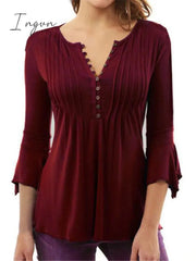 Ingvn - Pleated V-neck Flared Sleeve Plain Color Blouse For Women