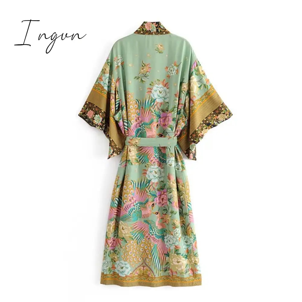 Ingvn - women peacock floral print bat sleeve beach Bohemian Kimono robe Ladies V neck Tassel Summer happie dress vestidos
