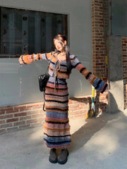 Korean style Spring Autumn New Streetwear Sexy Long-sleeved Cardigan Women Striped Knit Sling Dress Two-piece Suit