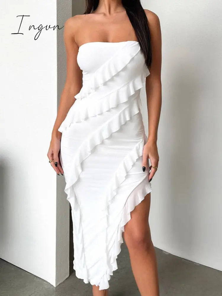 Ingvn - Strapless Ruffles Split Maxi Dress Women New Off-shoulder Sleeveless Bodycon Dresses Elegant Sexy Party Dress Clubwear