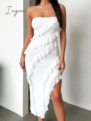 Ingvn - Strapless Ruffles Split Maxi Dress Women New Off-shoulder Sleeveless Bodycon Dresses Elegant Sexy Party Dress Clubwear