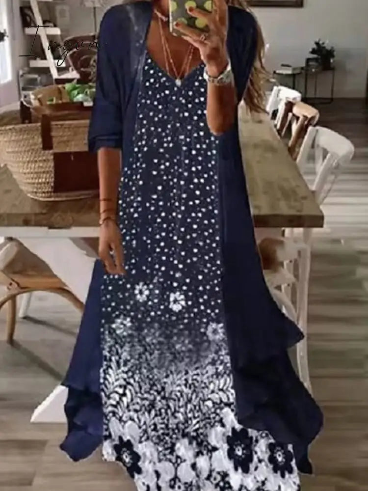 Ingvn - Women's Casual Dress Dress Set Two Piece Dress Long Dress Maxi Dress Purple Brown Green Half Sleeve Flower Print Summer Spring V Neck Fashion Vacation 2023 S M L XL XXL 3XL