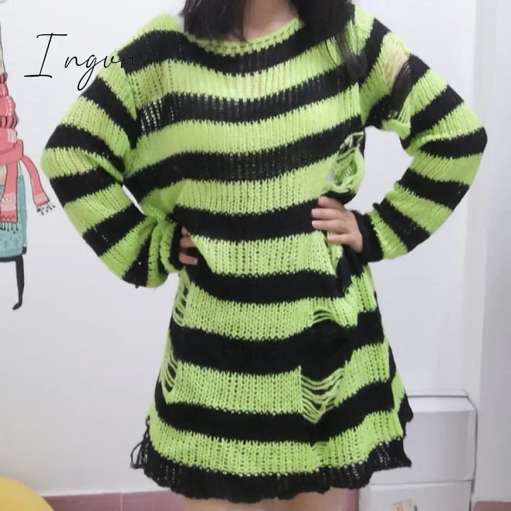 Ingvn - Halloween 200 Gothic Knitted Sweater Women Long Pullovers Striped Loose Winter Ripped Plus Size Sweaters Jumpers Mujer Jersey