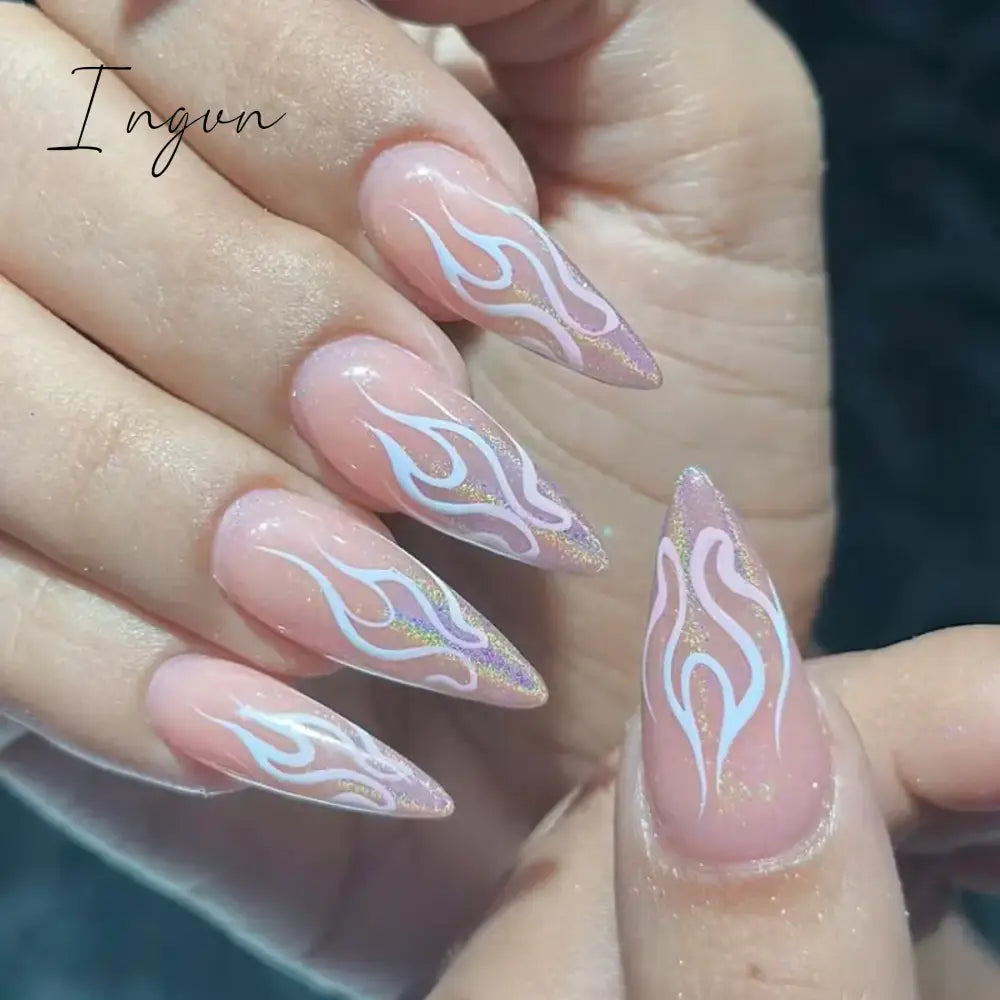 24Pcs False Nails With Glue Almond Pink Butterfly Design Detachable Rhinestones Acrylic Fake Nails long stiletto Press On Nails