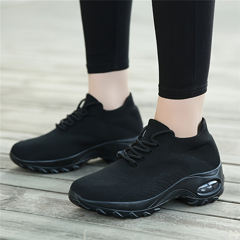 Comfortable Air Cushion Sneakers for Women - Breathable Mesh Upper, Thick Sole, Lazy Lace-Up Design, Fabric Material, Ideal for Casual Running, Sports, and Business Wear