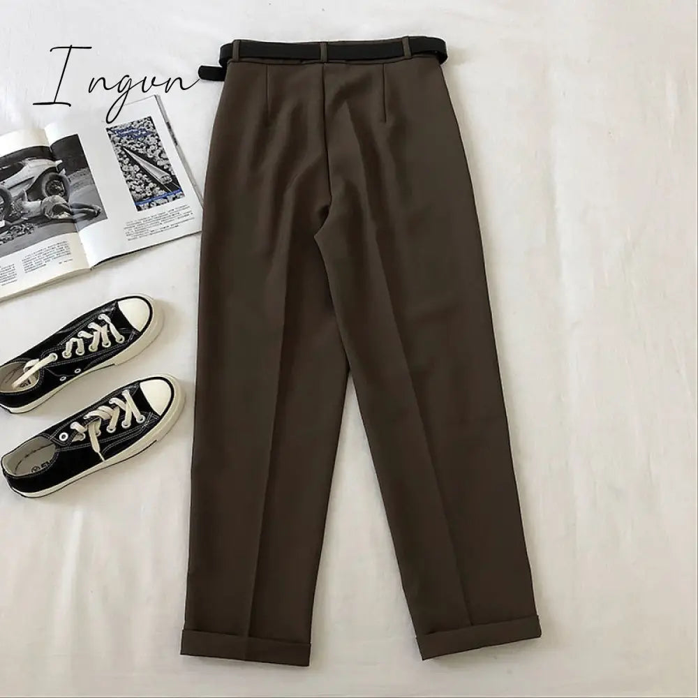 Ingvn - Spring Womens Fashion Office Lady Work Leisure Suit Pants Korean Solid Spring Autumn Casual High Waist Ankle Length Harem Pants