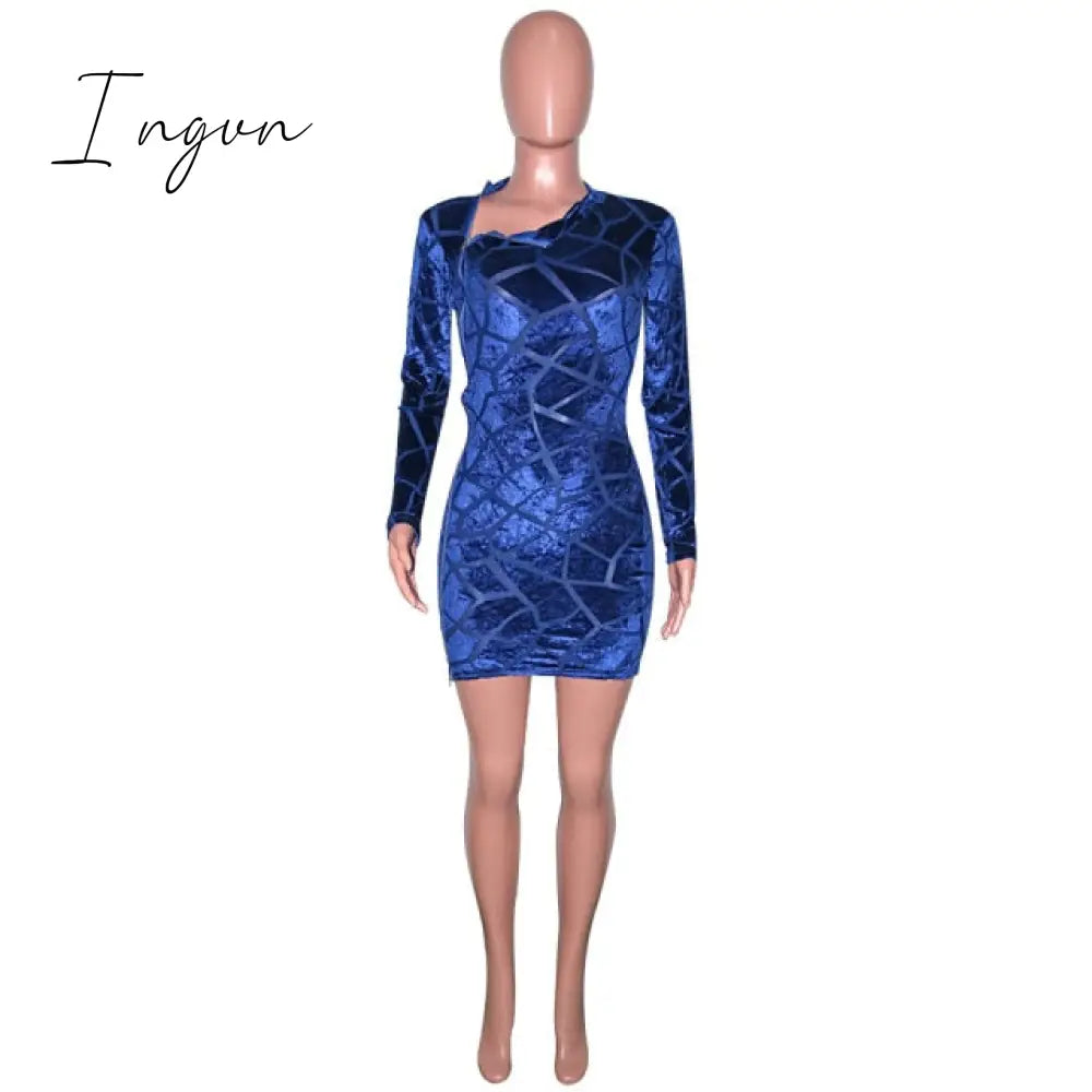 Ingvn - New Chic Zipped Mini Dress(Royal Blue) Womens Long Sleeve Side Slit Skinny Velvet Short Party Dress Birthday Outfits