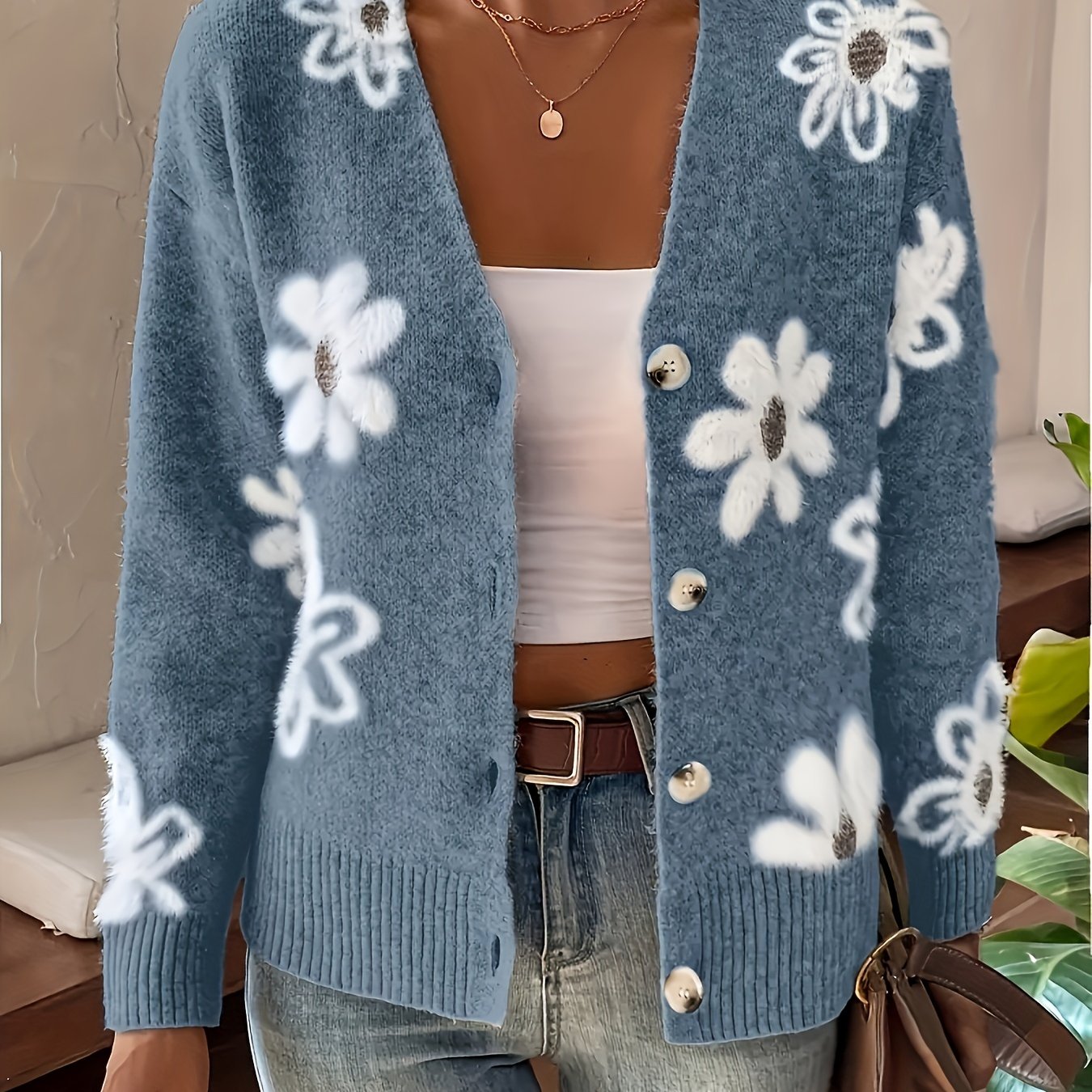 Cozy Chic Women's Knitted Cardigan - Soft V-Neck, Drooping Shoulder, Printed Button Detail, Warm and Stylish Winter Coat