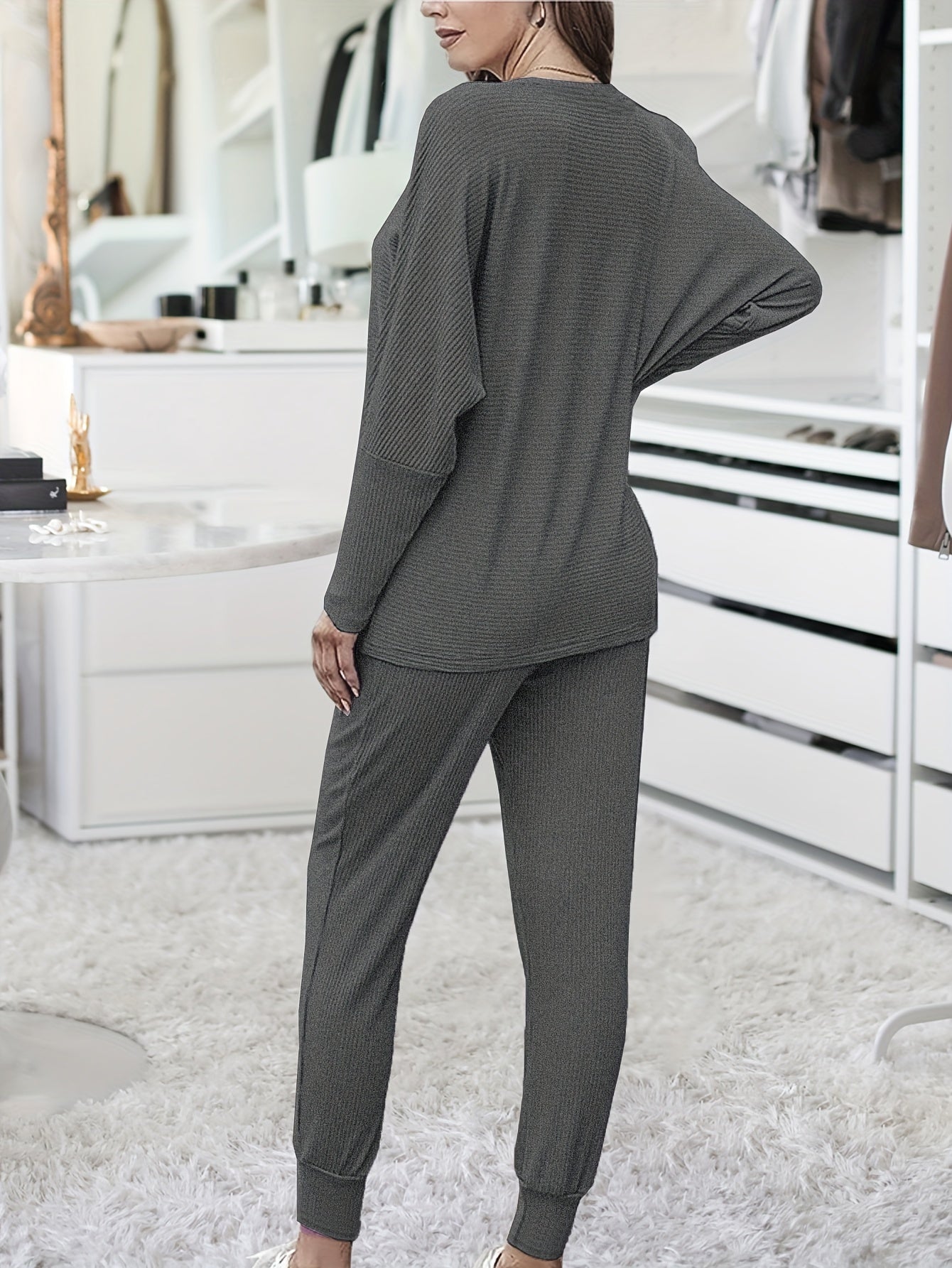 Cozy Womens Ribbed Lounge Set - Soft High-Elasticity Polyester, Crew Neck, Batwing Sleeve, Relaxed Fit, Pockets, Machine Washable, Perfect for Fall and Winter Season