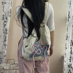 Ingvn  Women Y2K Exquisite Sweet Fresh Panelled Handle Satchel Denim Student Preppy Style Literary Backpacks Star Canvas Shoulder Bags