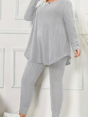 Plus Size Long-Sleeve Cozy Women's Solid Ribbed Lounge Set, Casual Style Homewear Outfit For Fall/Winter