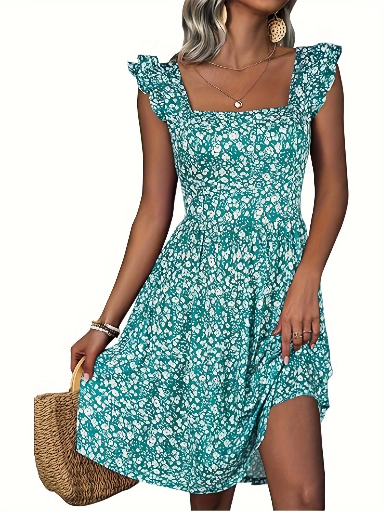 Floral Print Square Neck Patched Pockets Dress, Elegant Ruffle Sleeves Cinched Waist Dress For Spring & Summer, Women's Clothing