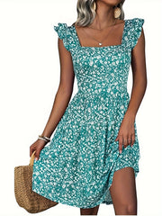 Floral Print Square Neck Patched Pockets Dress, Elegant Ruffle Sleeves Cinched Waist Dress For Spring & Summer, Women's Clothing