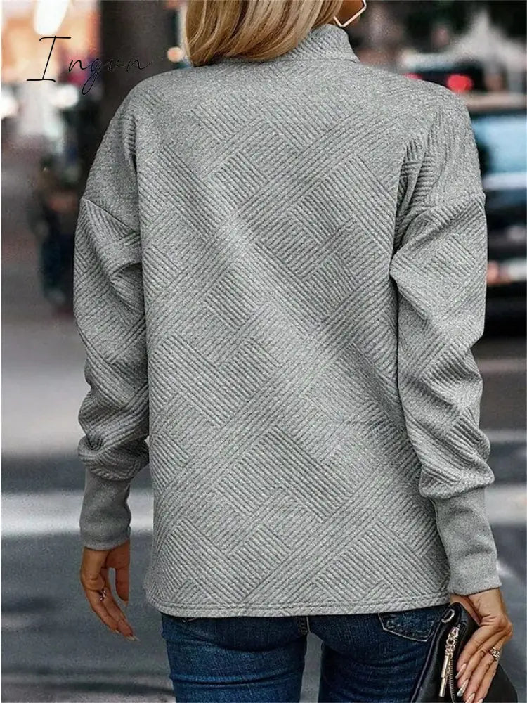 Ingvn - Women's Sweatshirt Pullover Basic Button Gray Solid Color Casual V Neck Long Sleeve Textured Top Micro-elastic Fall & Winter