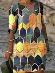Multicolor Printed V-Neck Flowy Dress - Loose Fit & Crop Sleeves for Spring/Fall - Mature Style, Waist Emphasizing, Perfect Womens Wardrobe Staple