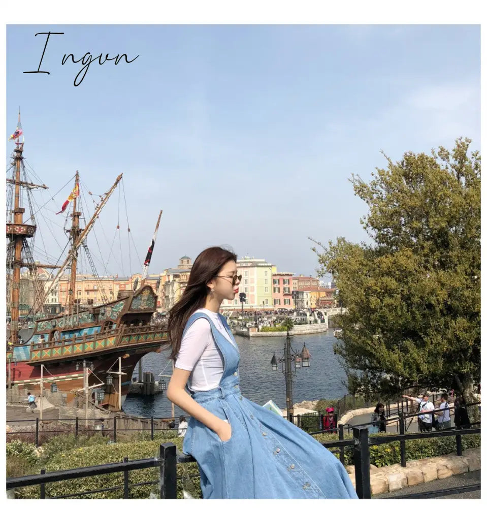 Ingvn - New Denim Dress Women Fashion Solid V Neck Sleeveless Backless With Button Pocket Mid Calf Cotton Strap Dress Office Lady
