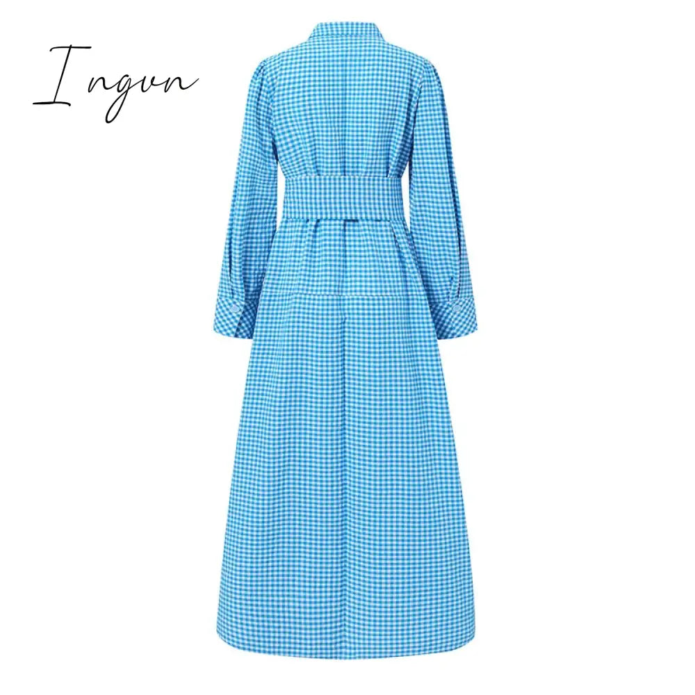 Ingvn - Spring Shirt Dress Women Long Sleeve Party Dresses Casual Lapel Button Vintage Belted Pockets Sundress Plaid Printed Robes