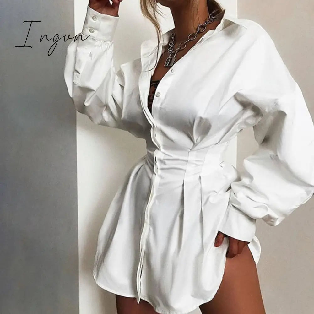 Ingvn - Women Bodycon Dress Female Lantern Sleeve Y2K Corset Chiffon Dresses Beach Vacation Outfit Sexy Party Mini White Dress Summer