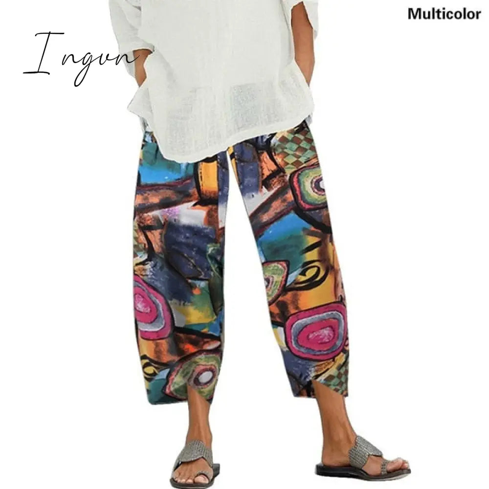 Ingvn - Vintage Harem Pants Women Casual Loose Printed Elastic Waist Cotton Linen Wide Leg Pants Summer Irregular Pantalon Cropped Pants