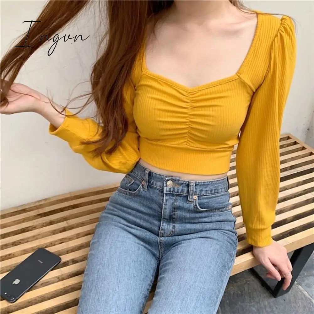 Ingvn - Korean Fashion Knitted Crop top T Shirt Streetwear Vintage Top Women Puff sleeve Basic Tshirt Skinny Sexy Clothes