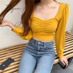 Ingvn - Korean Fashion Knitted Crop top T Shirt Streetwear Vintage Top Women Puff sleeve Basic Tshirt Skinny Sexy Clothes