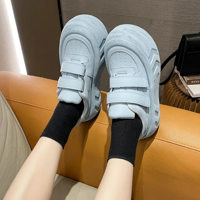 Ingvn  New Women's Vulcanized  Casual Sports Shoes Thick Sole Velcro Solid Color Women Shoes Flat Bottom Round Toe Low Top Shoes
