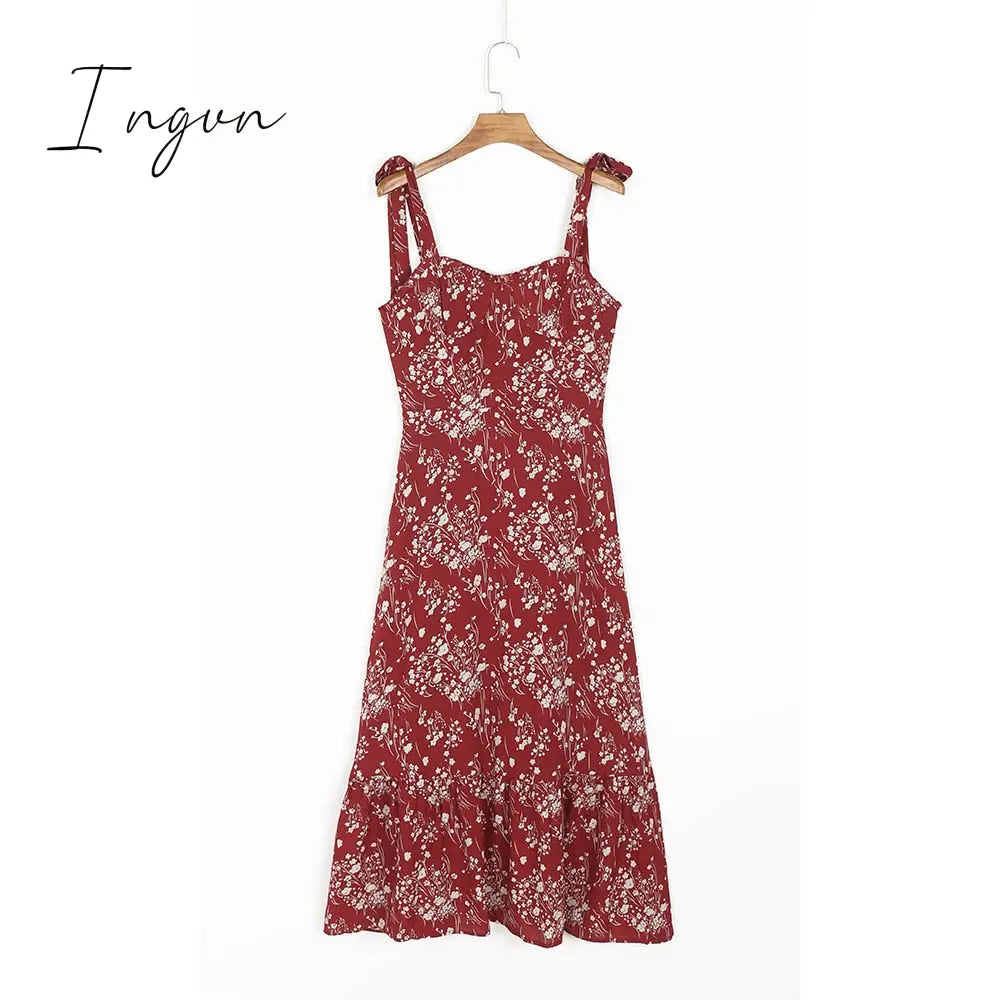 Ingvn - Dresses For Women Elegant Vintage Floral Dress Frill Sweetheart Neck Sleeveless Strap Tie Ruffle Hem Summer Beach Dress