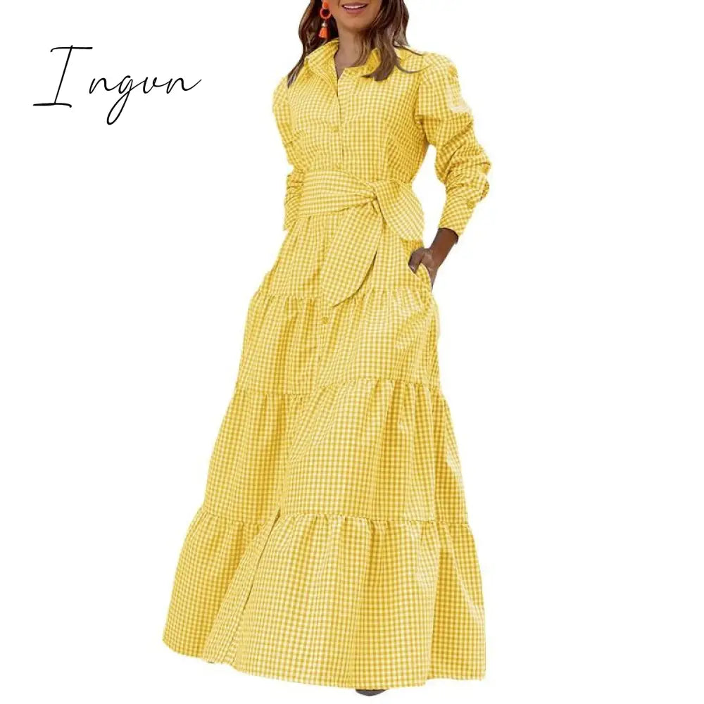 Ingvn - Spring Shirt Dress Women Long Sleeve Party Dresses Casual Lapel Button Vintage Belted Pockets Sundress Plaid Printed Robes