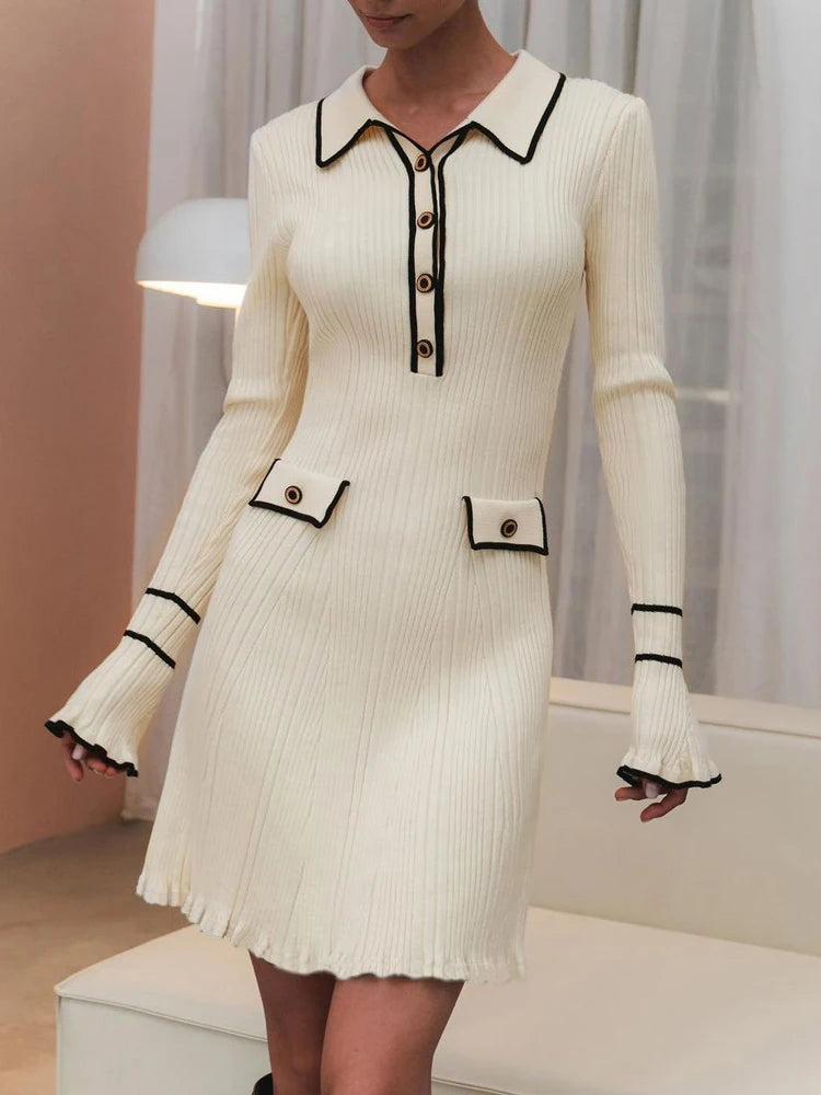 Ruffled Patchwork Knit Maxi Dress For Women Elegant Ribbed Long Sleeve Party Dress Gown Slim Knitwear Fashion Long Dress
