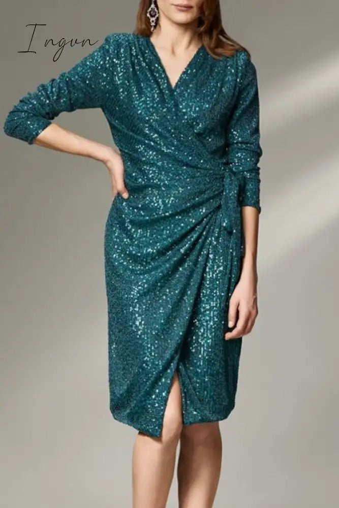 Ingvn - Sexy Solid Bandage Sequins V Neck Wrapped Skirt Dresses