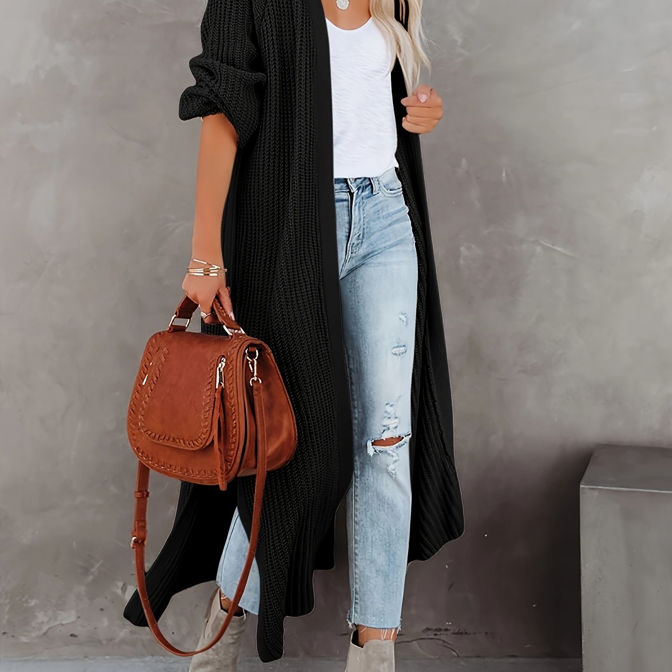 Stylish & Cozy Open Front Cardigan - Long Sleeve, Stretch Knit, Solid Color, Perfect for Autumn/Winter