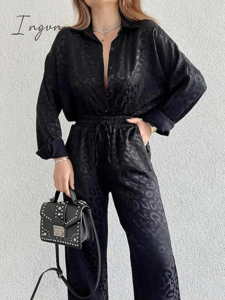 Ingvn - Women's Shirt Pants Sets Black White Red Leopard Print Long Sleeve Casual Daily Fashion Shirt Collar Regular Fit Spring &  Fall