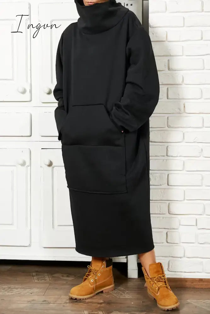 Ingvn - Casual Solid Pocket Turtleneck Long Sleeve Dresses