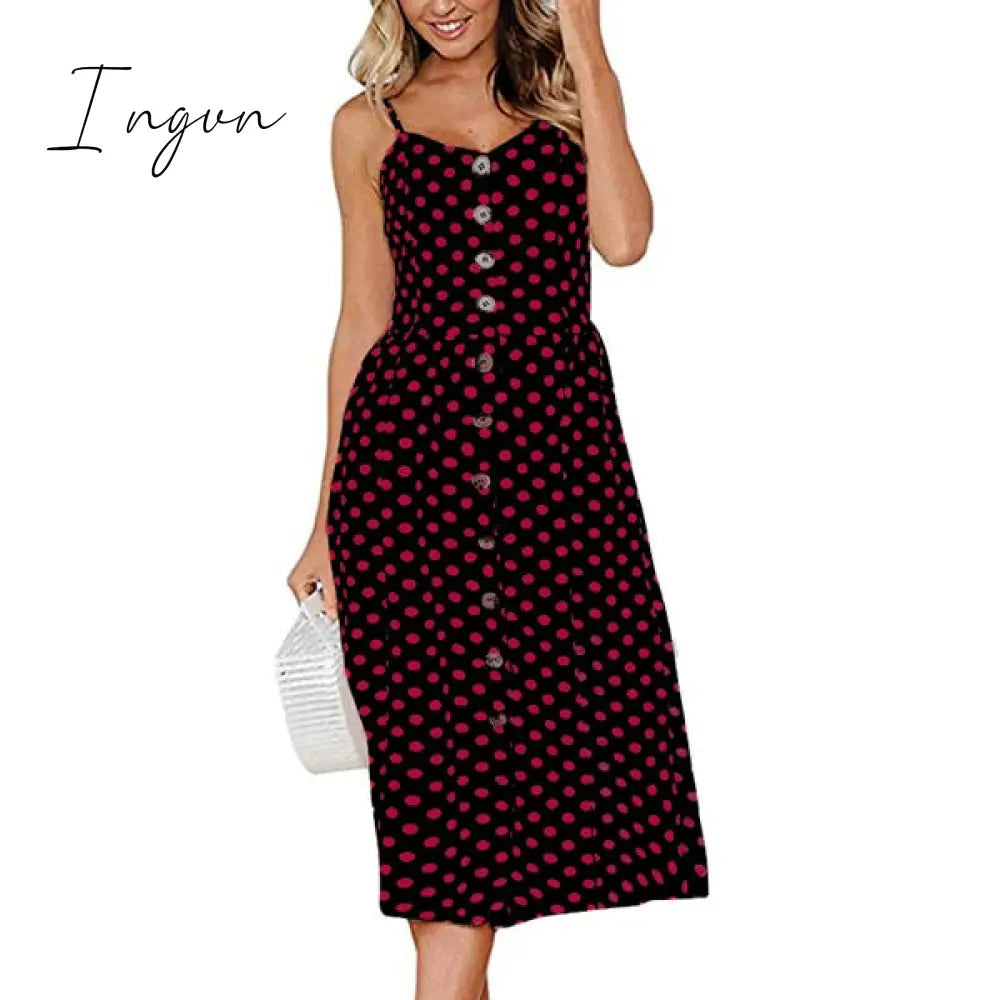 Ingvn - Boho Sexy Floral Dress Summer Vintage Casual Sundress Female Beach Dress Midi Button Backless Polka Dot Striped Women Dress