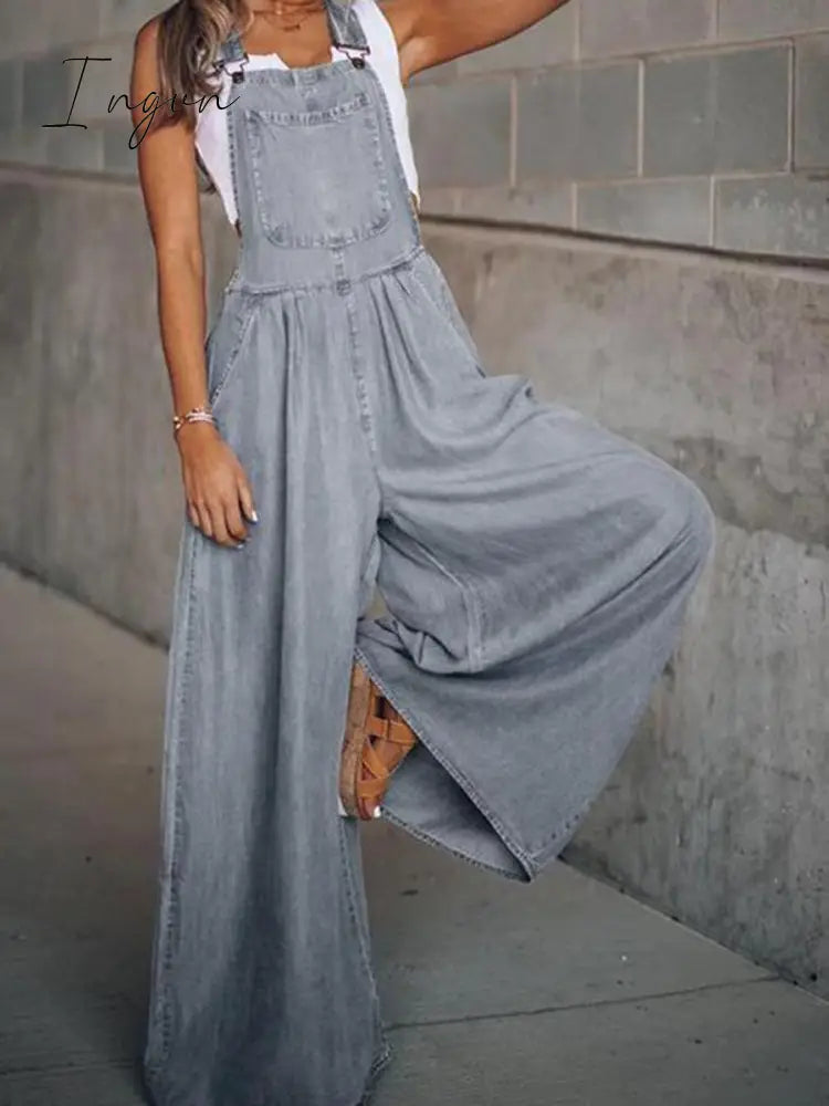 Ingvn - Summer Overalls For Women Blue Denim One-Piece Jumpsuits Loose Wide-Leg  With Pocket High-Waist Jumpsuits