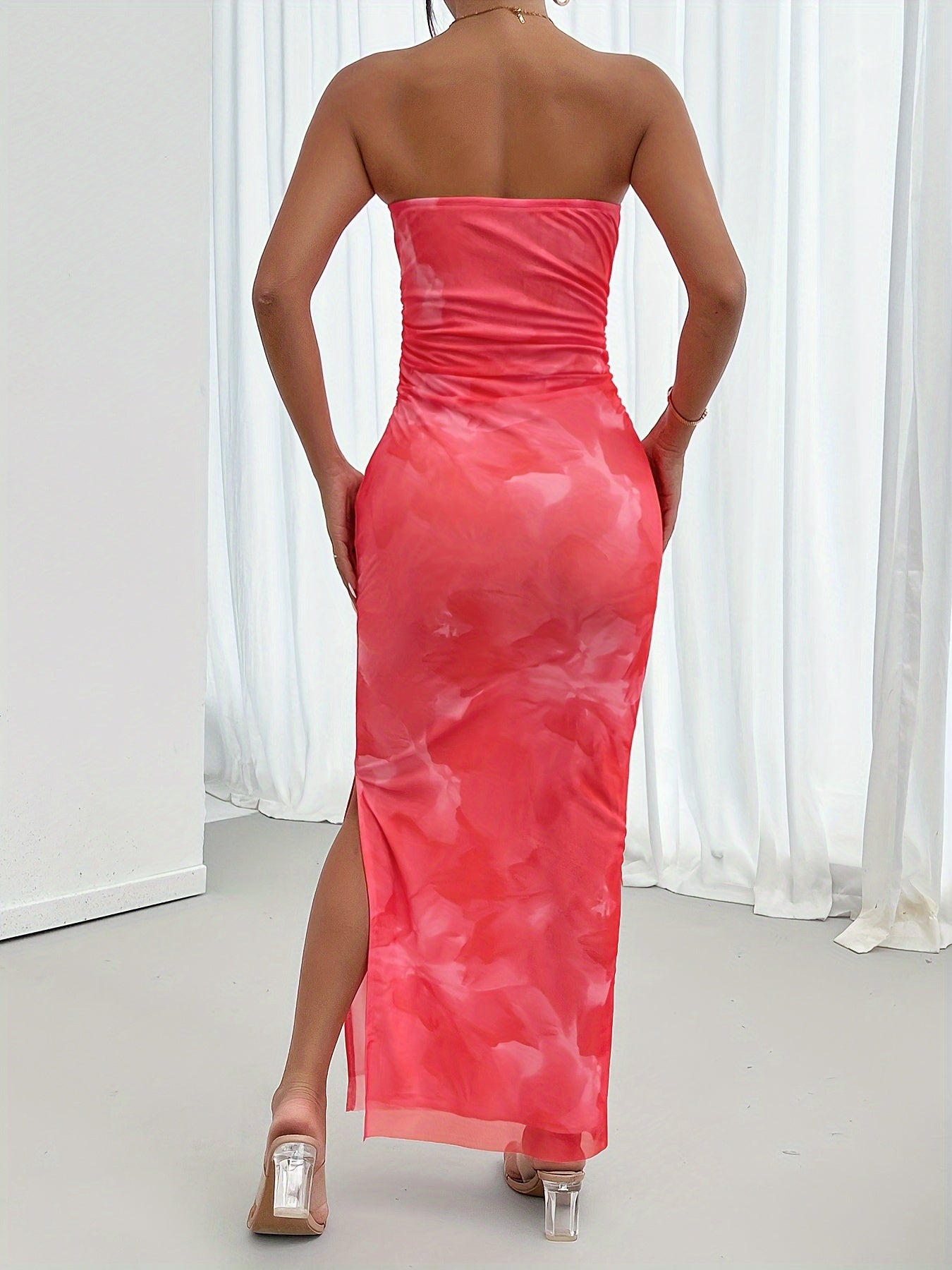 Floral Print Off Shoulder Bodycon Tube Dress, Elegant Backless Split Maxi Dress, Women's Clothing For Party Dressing