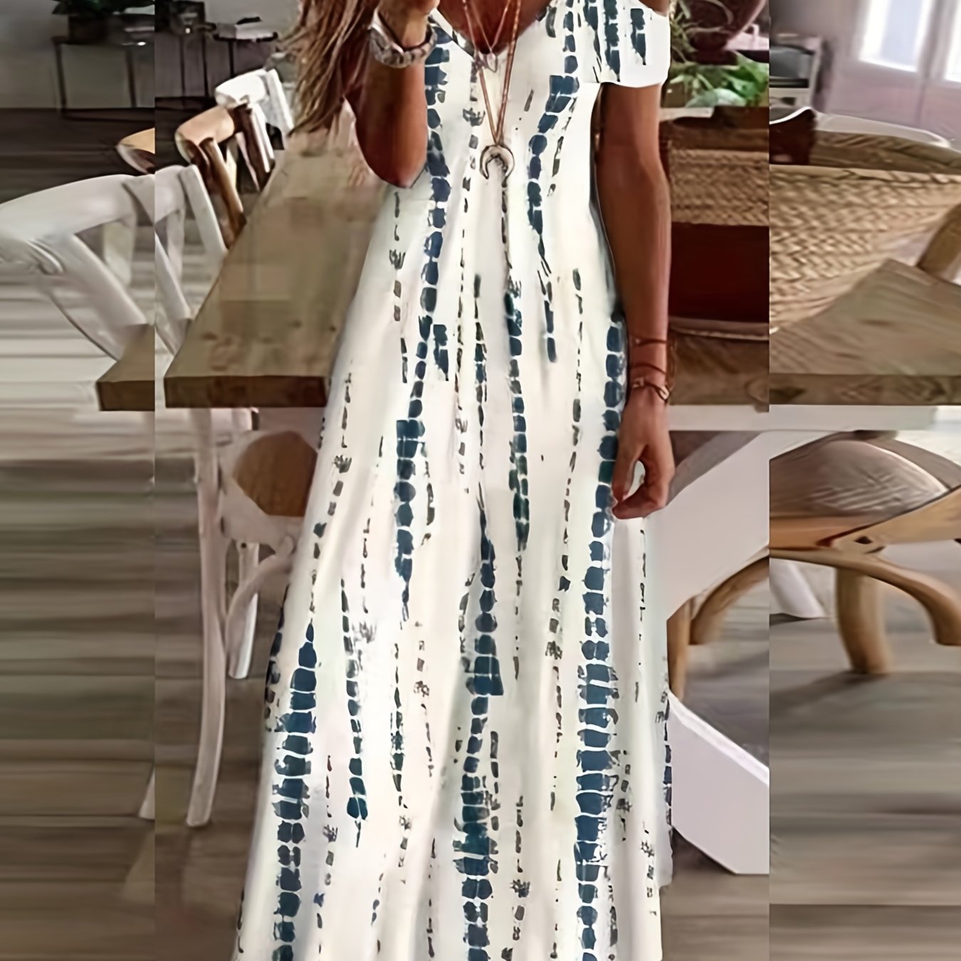 Floral Print Maxi Dress - Short Sleeve, V Neck, Casual, Lace Up, Women's Clothing for Everyday Wear