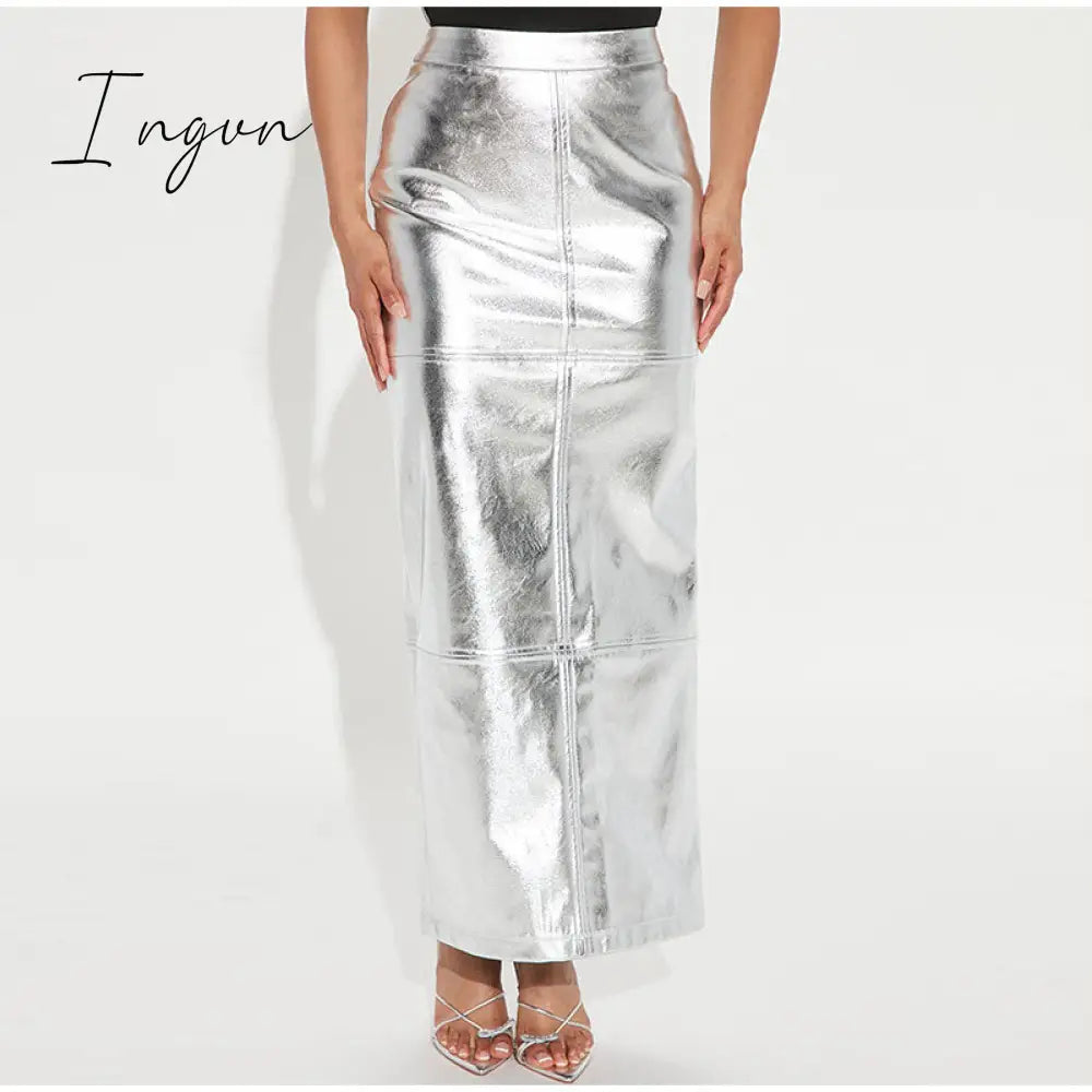 Ingvn - PU Leather Green Split Skirt for Women High Waist Hip Package Pathwork Bodycon Maxiskirt Sexy Female Prom Skirt New in 2023