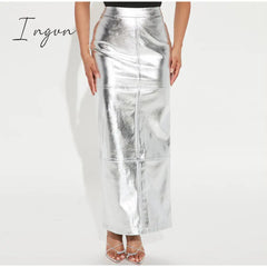Ingvn - PU Leather Green Split Skirt for Women High Waist Hip Package Pathwork Bodycon Maxiskirt Sexy Female Prom Skirt New in 2023