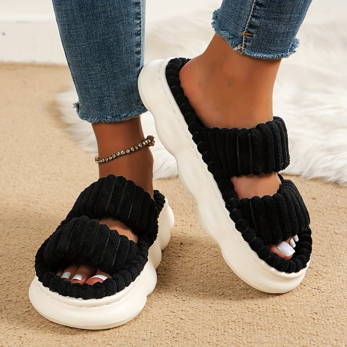 Ultimate Comfort Womens Plush Slippers - Luxurious Platform, Two-Band Open Toe Design, Cloud Soft Sole, Ultra-Fuzzy - Perfect Indoor Sanctuary Slippers for Home