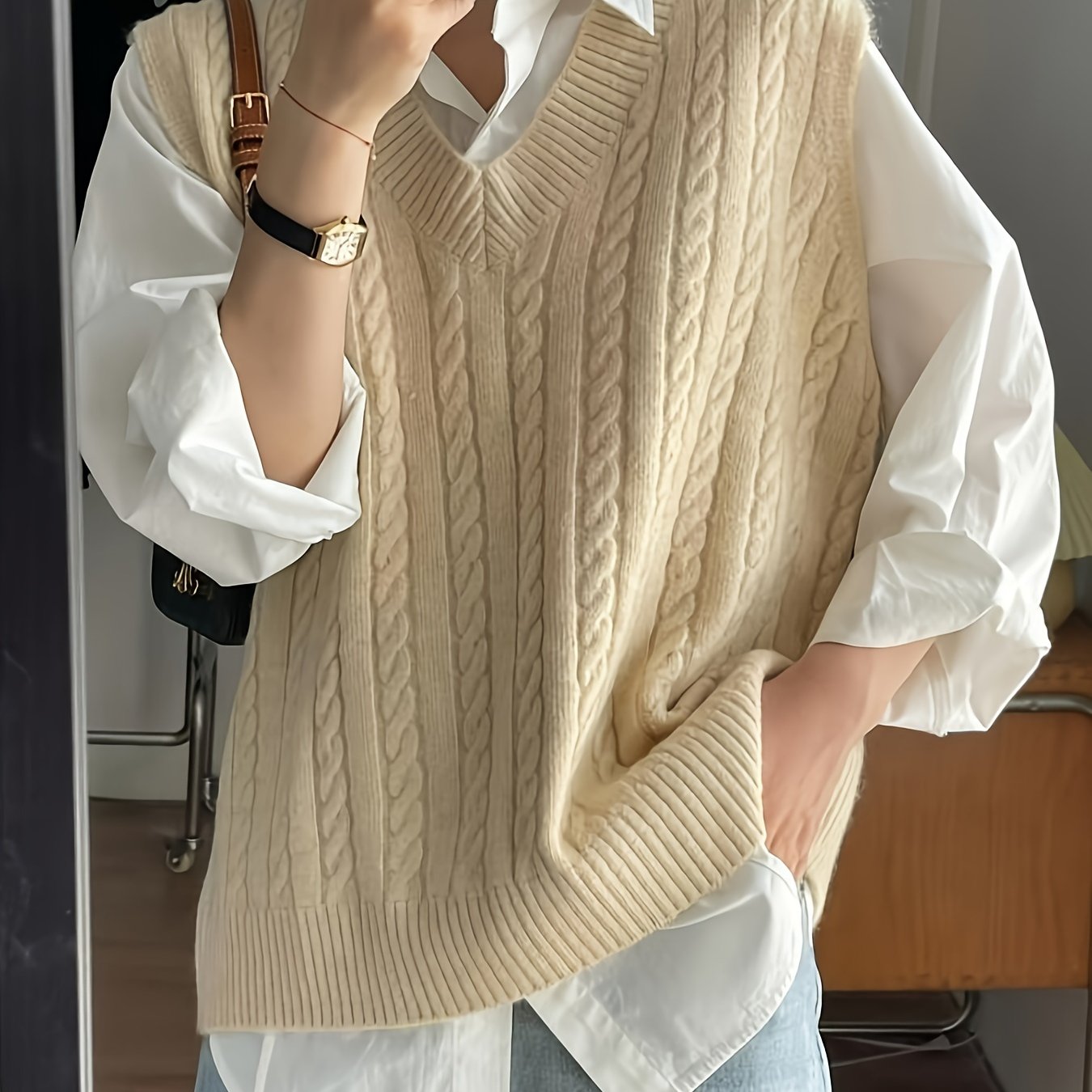 Solid V Neck Cable Knit Vest - Women's Casual Clothing - Sleeveless Loose Fit Versatile Sweater Vest for Everyday Wear, Comfortable and Stylish
