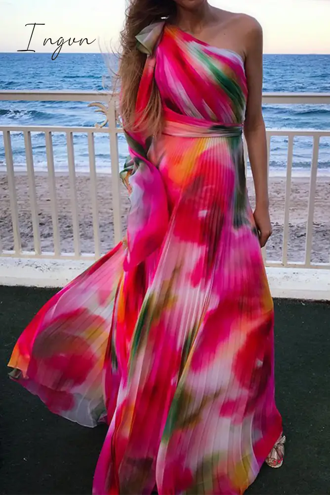 Ingvn - Fashion Patchwork Tie-dye One Shoulder Waist Skirt Dresses