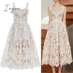 Ingvn - Boho Woman Dresses 2023 Summer Embroidery Runway Backless Sexy Party Dress Beach Sleeveless Spaghetti Strap Sundress Women Lace